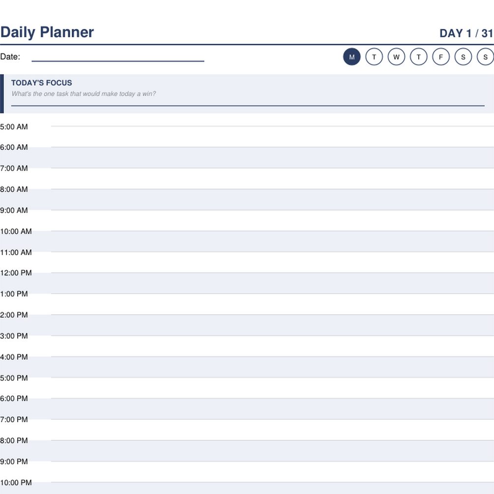 Daily Focus Planner — Undated Printable, 31 Days — preview