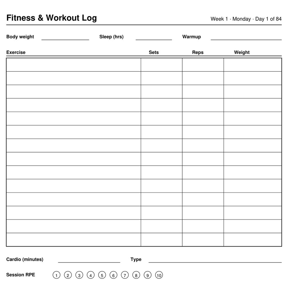 Fitness & Workout Log — 12-Week Undated Training Journal — preview