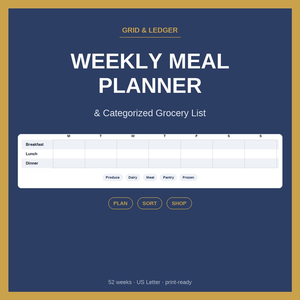 Weekly Meal Planner & Grocery List — Undated Printable, 52 Weeks — preview